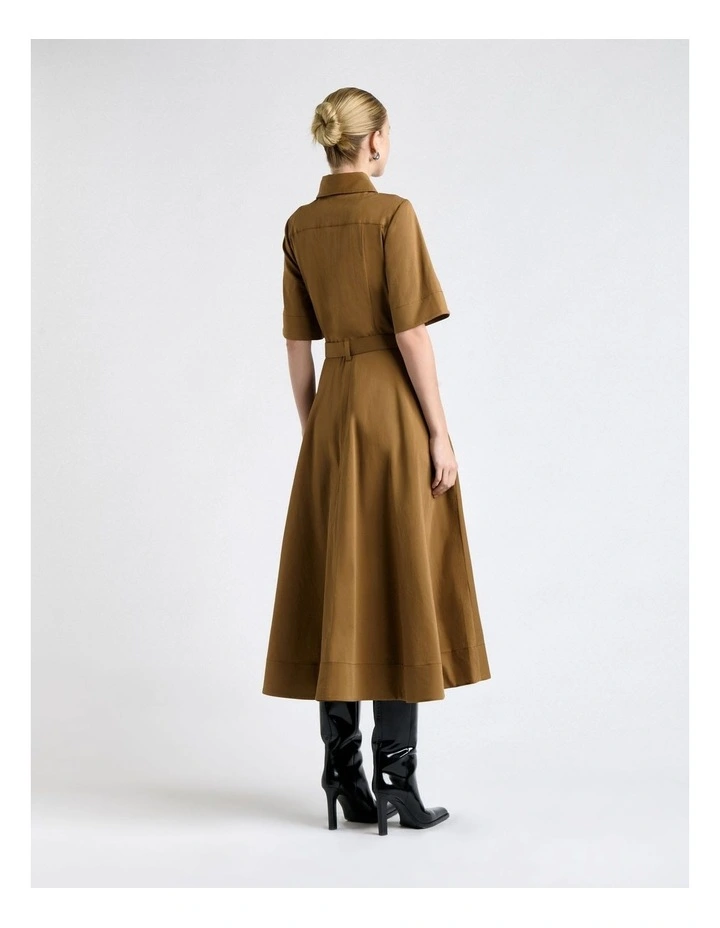 Stretch Cotton Flared Midi Dress in Biscuit image 2