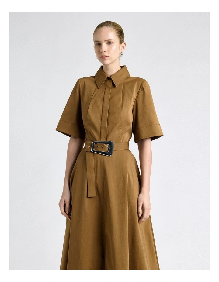 Stretch Cotton Flared Midi Dress in Biscuit image 3