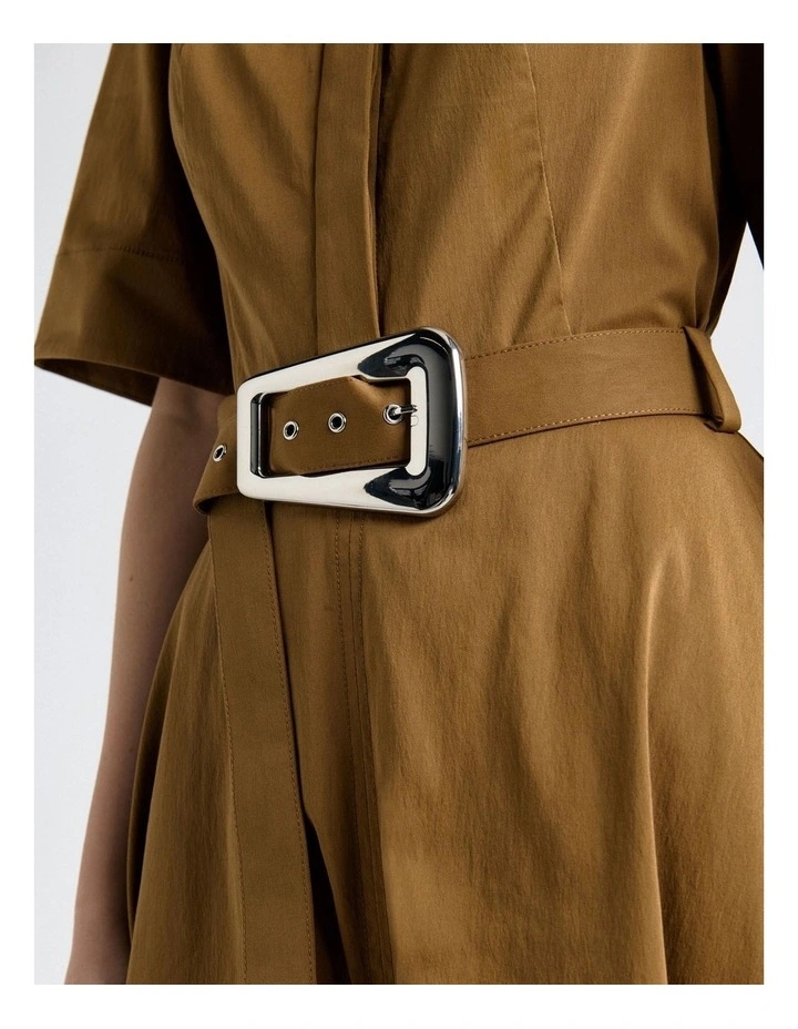 Stretch Cotton Flared Midi Dress in Biscuit image 4