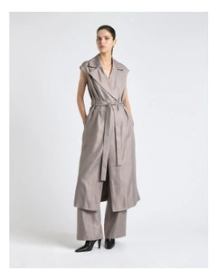 European Self Stripe Sleeveless Trench Dress in Oyster