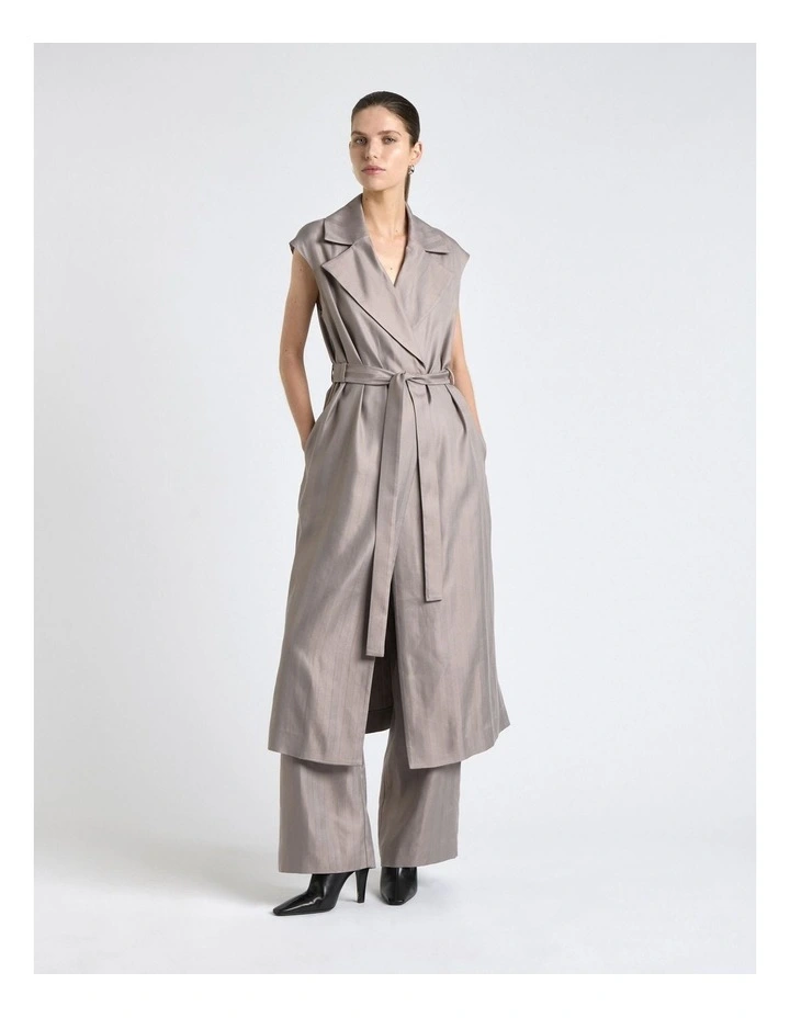 European Self Stripe Sleeveless Trench Dress in Oyster image 1