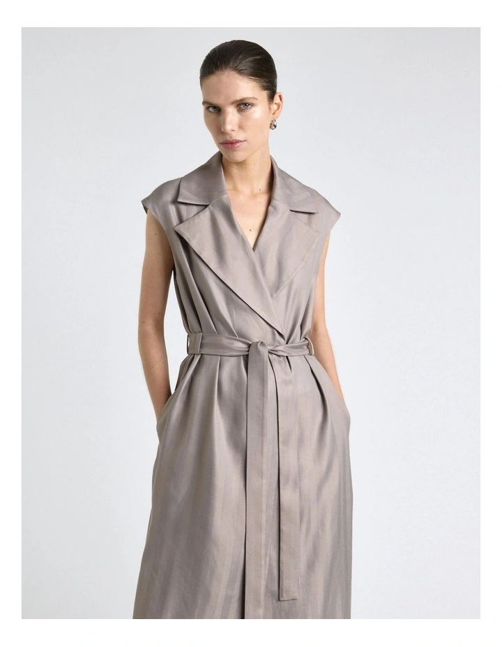 European Self Stripe Sleeveless Trench Dress in Oyster image 3