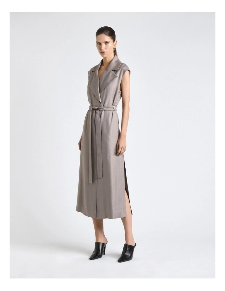 European Self Stripe Sleeveless Trench Dress in Oyster image 5