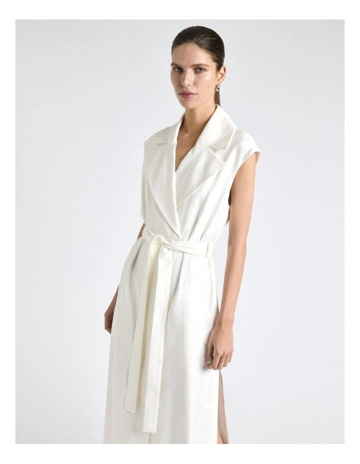 European Self Stripe Sleeveless Trench Dress in Ivory image 3