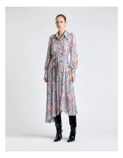 Filigree Paisley Georgette Asymmetric Hem Dress in Pale Blue