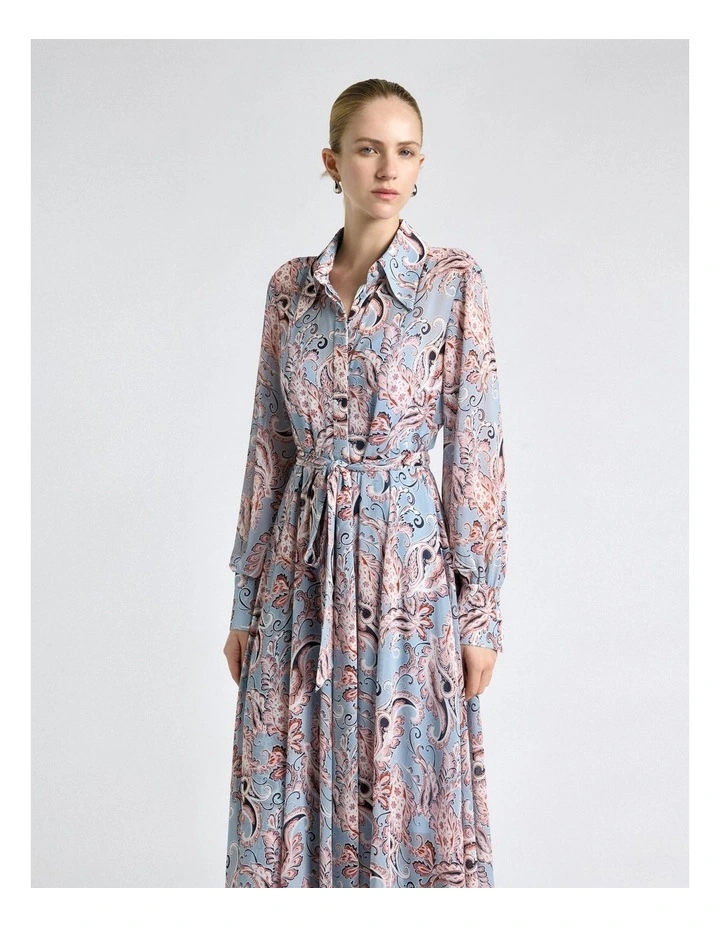 Filigree Paisley Georgette Asymmetric Hem Dress in Pale Blue image 3