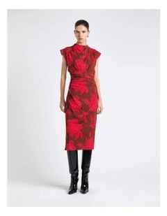 Amour Floral Ruched Waist Midi Dress in Pink