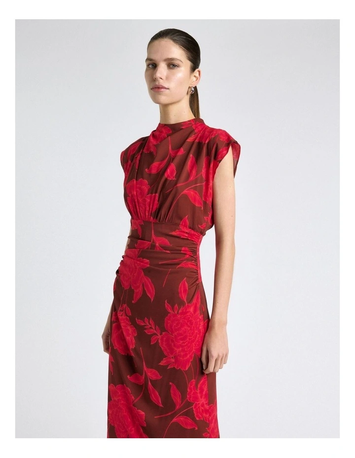 Amour Floral Ruched Waist Midi Dress in Pink image 3