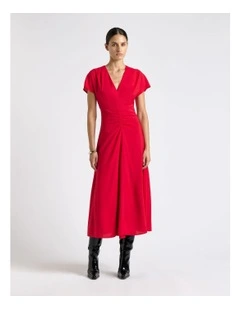 Raspberry Stretch Viscose Gathered Front Midi Dress in Pink