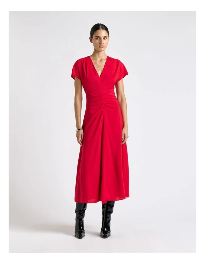 Raspberry Stretch Viscose Gathered Front Midi Dress in Pink image 1