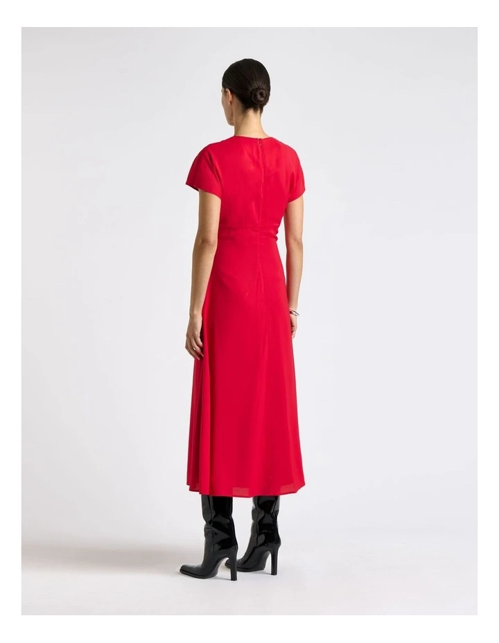 Raspberry Stretch Viscose Gathered Front Midi Dress in Pink image 2