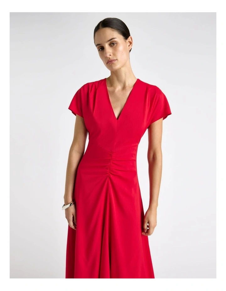 Raspberry Stretch Viscose Gathered Front Midi Dress in Pink image 3