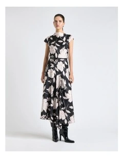 Satin Rose Midi Dress in Black