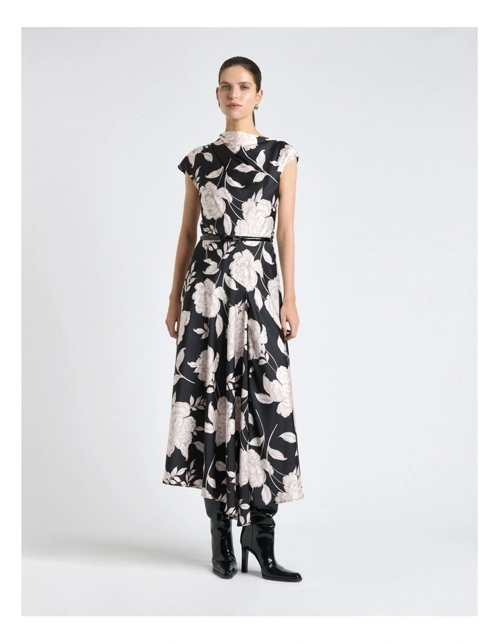 Satin Rose Midi Dress in Black image 1