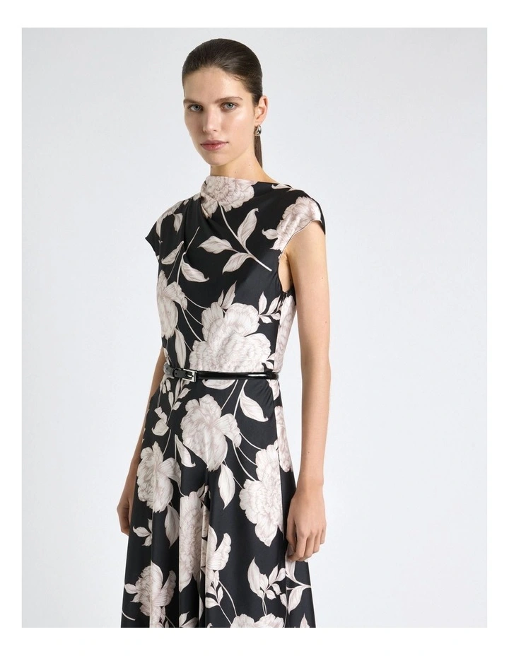 Satin Rose Midi Dress in Black image 3
