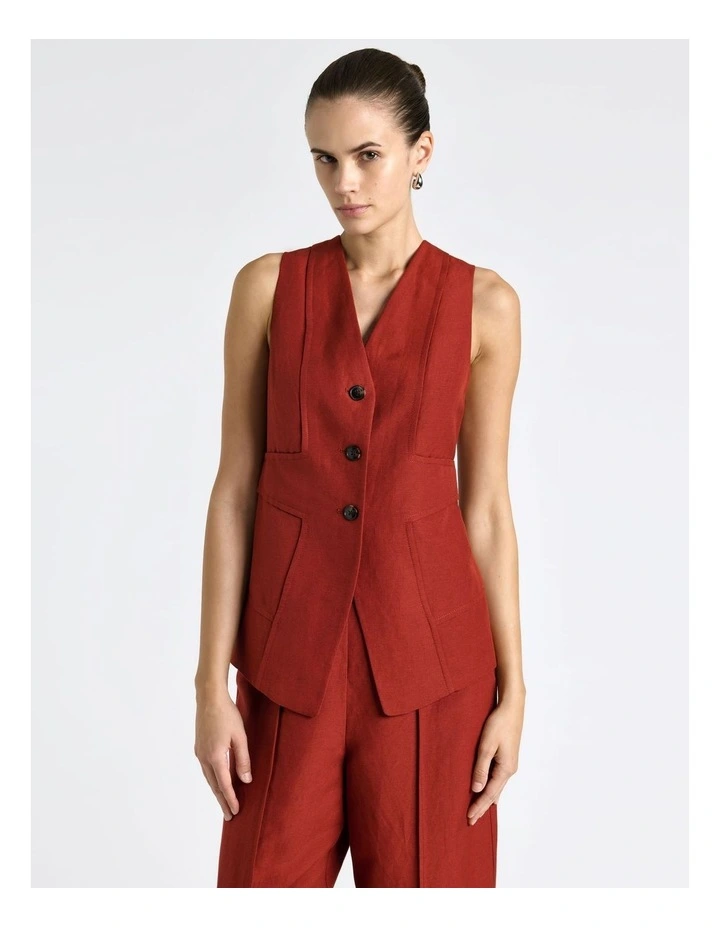 Linen Blend Panel Detail Waistcoat in Red image 3