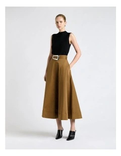 Stretch Cotton Flared Midi Skirt in Biscuit