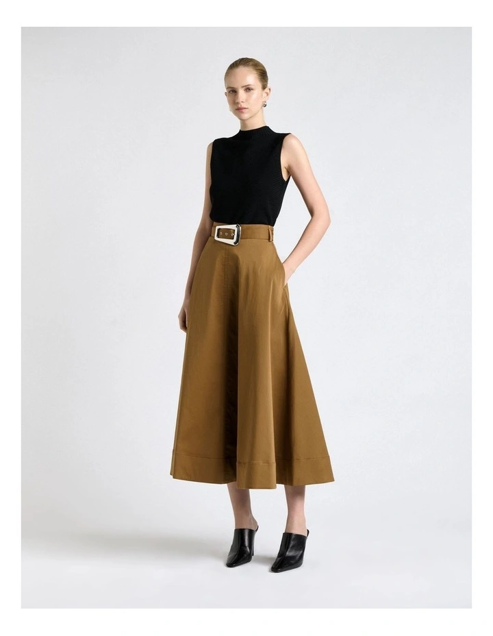 Stretch Cotton Flared Midi Skirt in Biscuit image 1