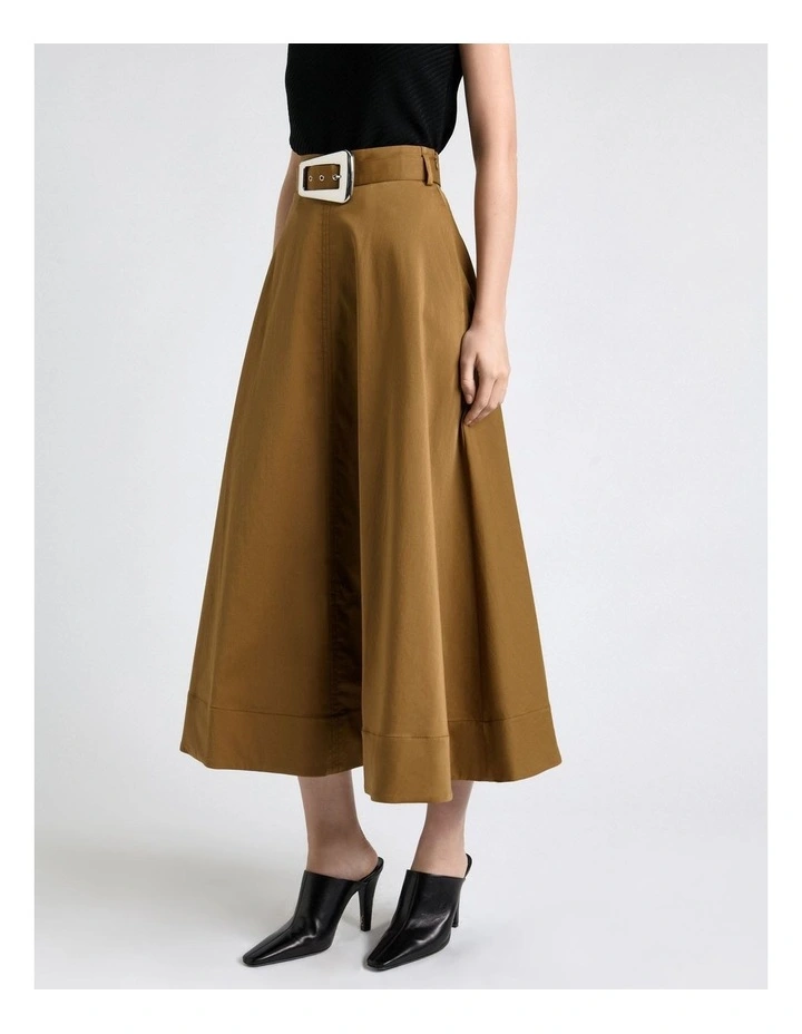 Stretch Cotton Flared Midi Skirt in Biscuit image 3