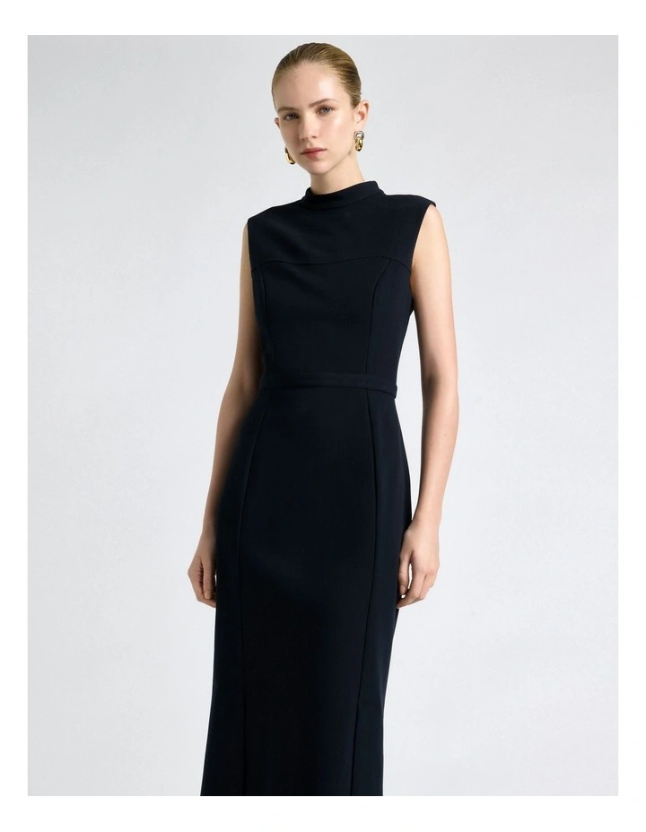 Stretch Suiting Fitted Pencil Midi Dress in Dark Ink image 3