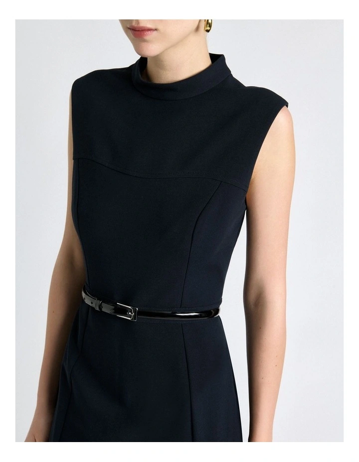 Stretch Suiting Fitted Pencil Midi Dress in Dark Ink image 4