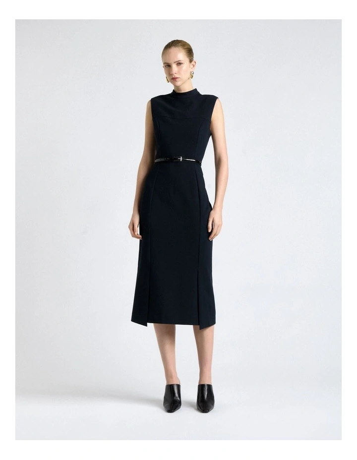 Stretch Suiting Fitted Pencil Midi Dress in Dark Ink image 5