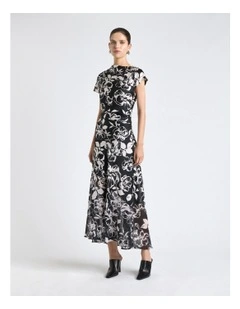 Floral Two Tone Georgette Hem Spliced Midi Dress in Black