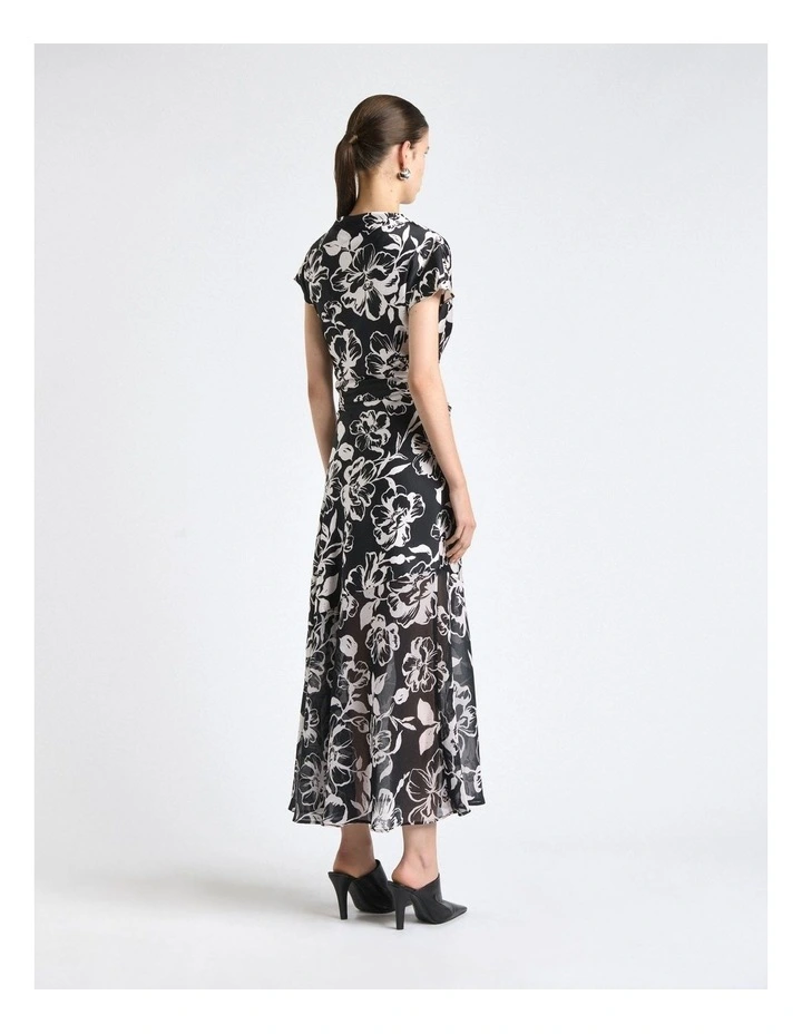 Floral Two Tone Georgette Hem Spliced Midi Dress in Black image 2