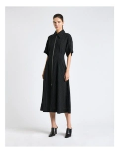 Sheer Stripe Zip Front Midi Dress in Black