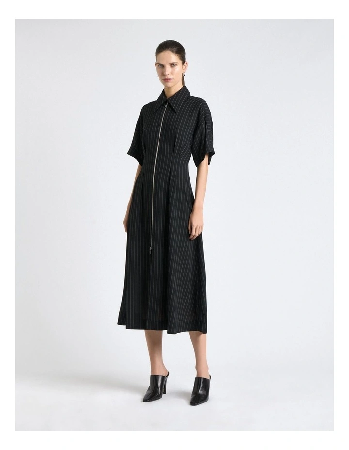 Sheer Stripe Zip Front Midi Dress in Black image 1