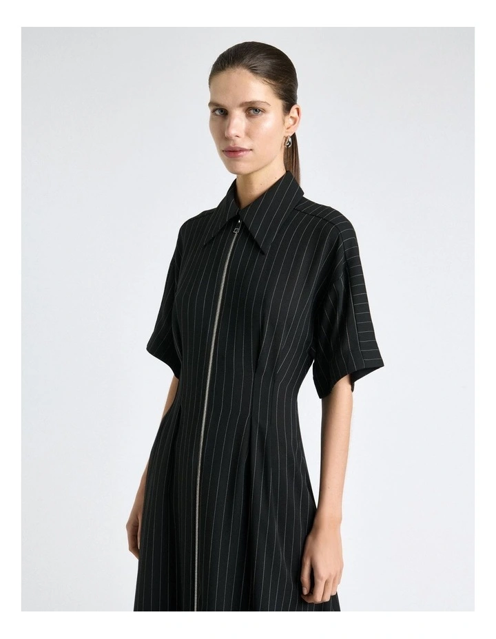 Sheer Stripe Zip Front Midi Dress in Black image 3