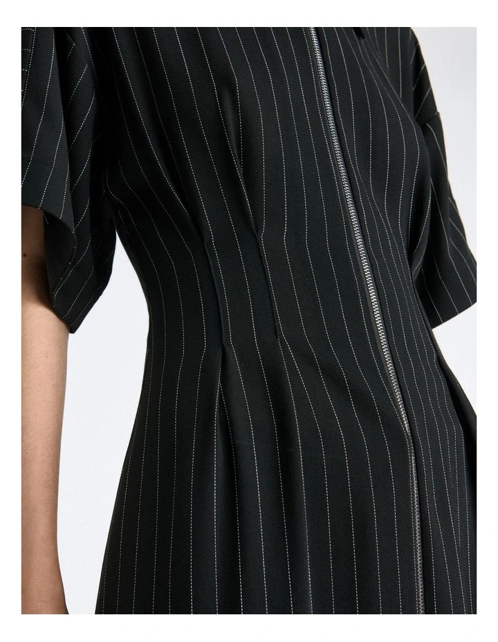 Sheer Stripe Zip Front Midi Dress in Black image 4