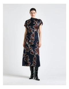 Illustrated Floral Satin Fold Neck Dress in Ink