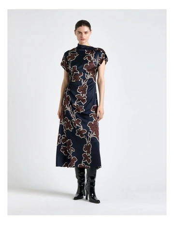 Illustrated Floral Satin Fold Neck Dress in Ink