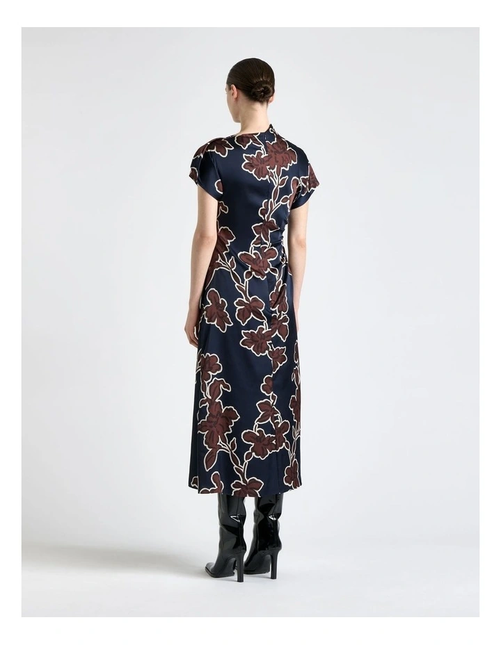 Illustrated Floral Satin Fold Neck Dress in Ink image 2