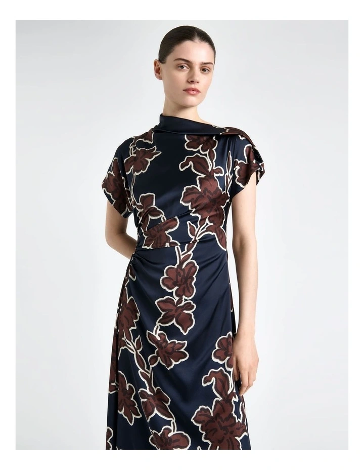 Illustrated Floral Satin Fold Neck Dress in Ink image 3