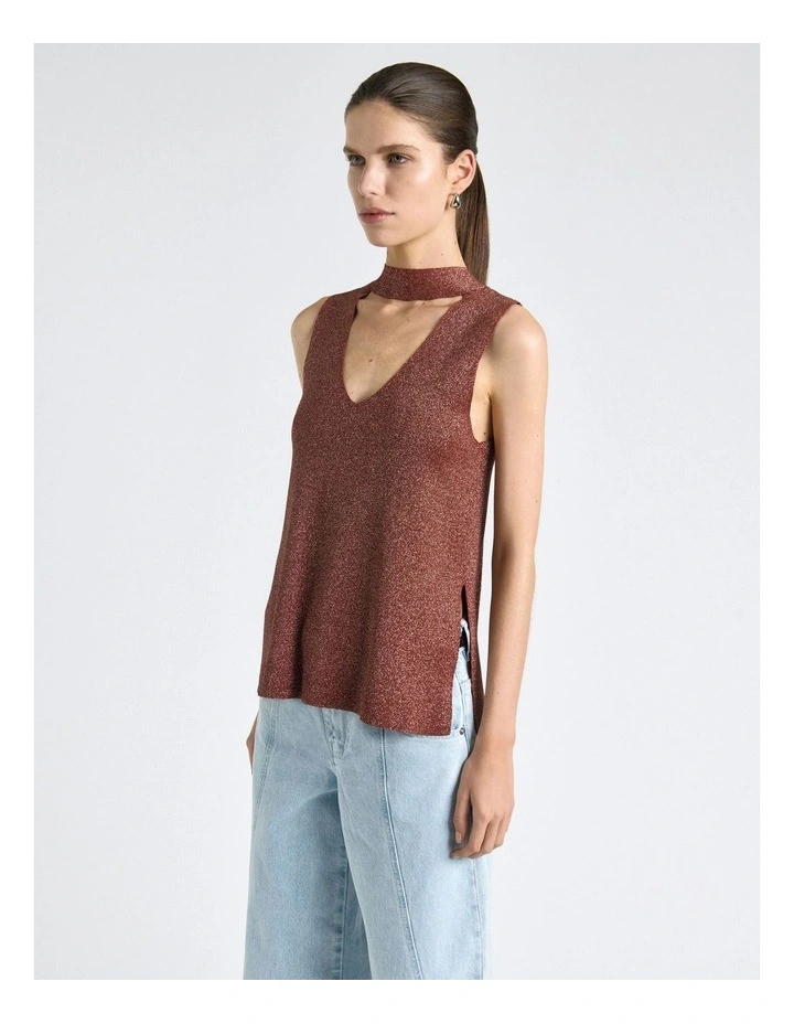 Lurex Tie Neck Knit Top in Rust image 3
