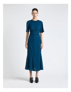 Stretch Viscose Short Sleeve Midi Dress in Blue