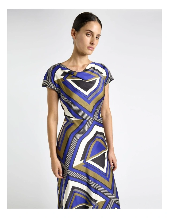 Tile Draped Neck Asymmetric Dress in Blue image 3