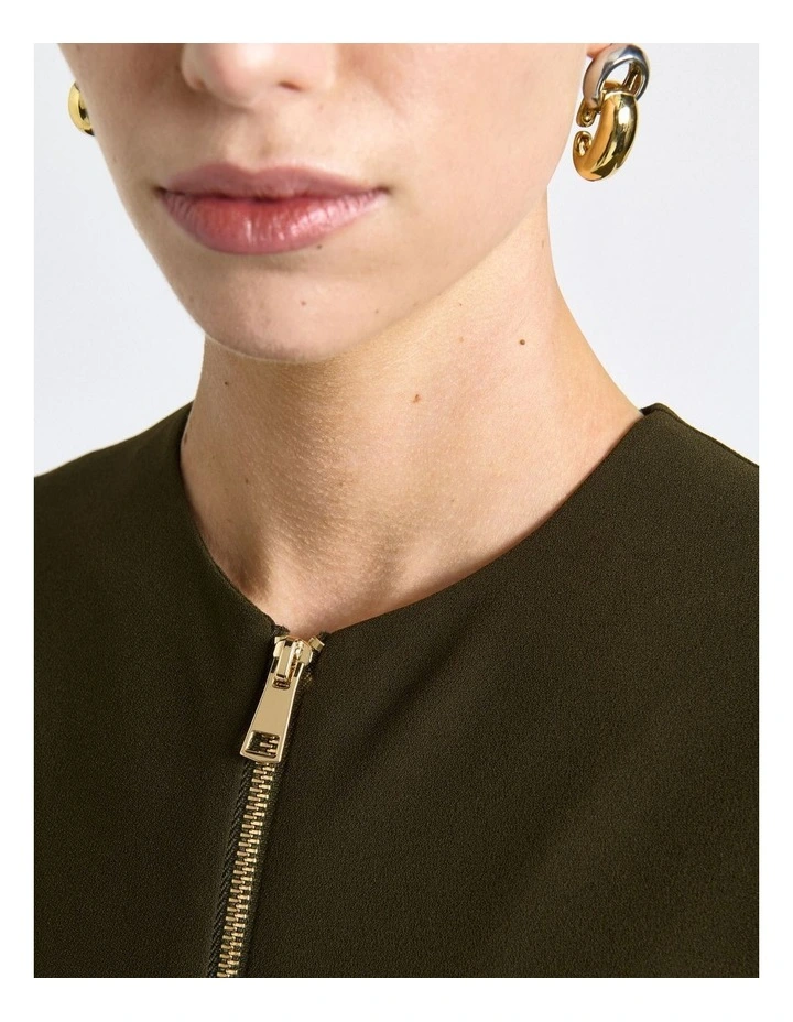 Olive Recycled Crepe Zip Front Midi Dress image 4