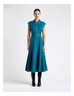 Peacock Linen Blend Pintuck Midi Dress