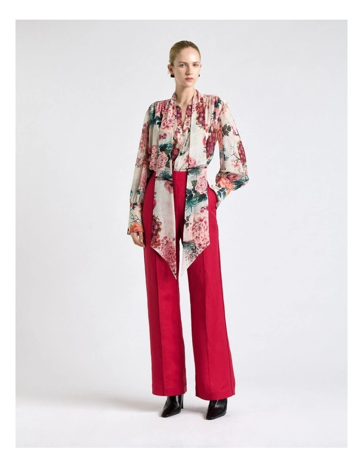 Linen Blend Piped Straight Leg Pant in Fuchsia image 1