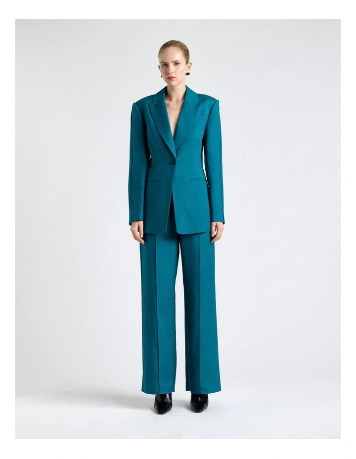 Peacock Linen Blend Piped Blazer in Blue image 1
