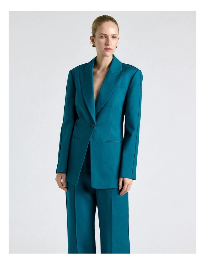 Peacock Linen Blend Piped Blazer in Blue image 3