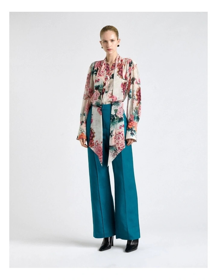 Linen Blend Piped Straight Leg Pant in Peacock image 1