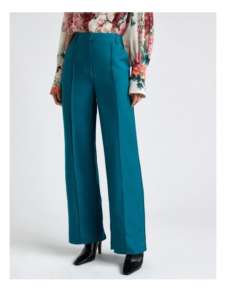 Linen Blend Piped Straight Leg Pant in Peacock image 3