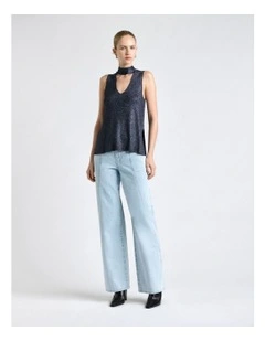Ink Lurex Tie Neck Knit Top