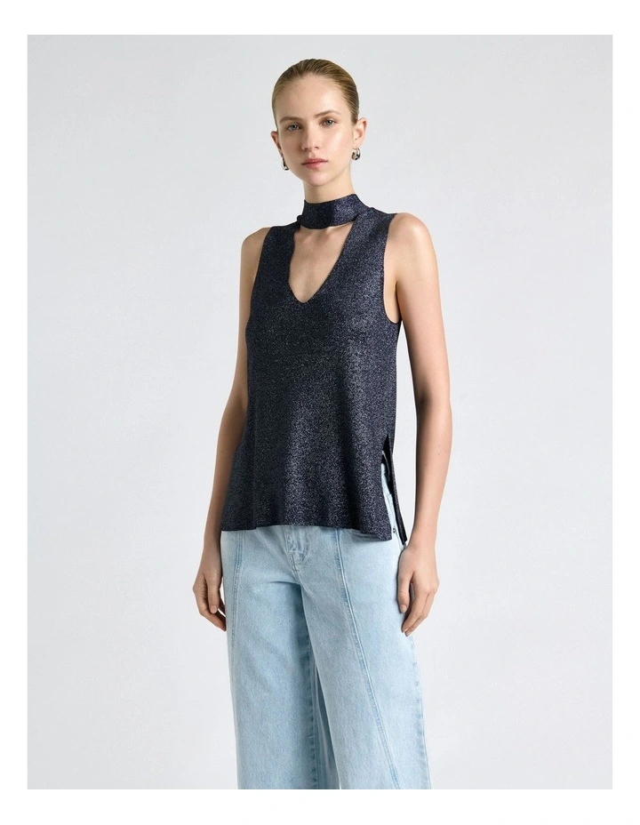 Ink Lurex Tie Neck Knit Top image 3