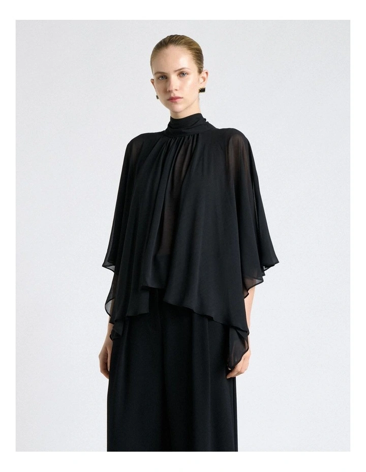 Georgette Caped Ruffle Blouse in Black image 3