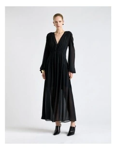 Georgette Gathered Midi Raglan Sleeve Dress in Black